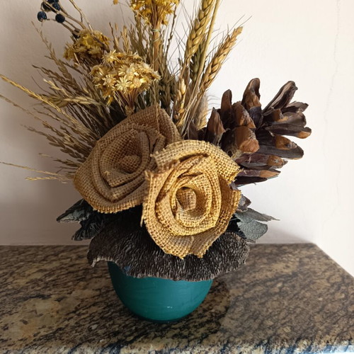 Vintage handmade decorative arrangement with pinecone and dried flowers, height 32 cm