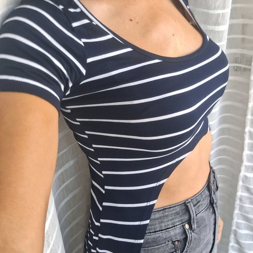 Asymmetric striped navy blouse like new, cotton