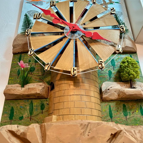 Handmade art wall clock with wooden windmill, unique piece 65 cm