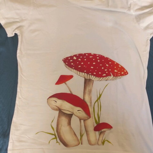 Women's T-shirt hand-painted with mushroom fairies like new