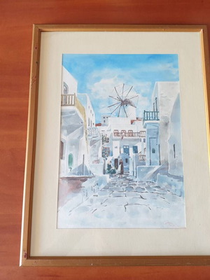 Watercolor with island theme used, framed 44.5x33.5 cm