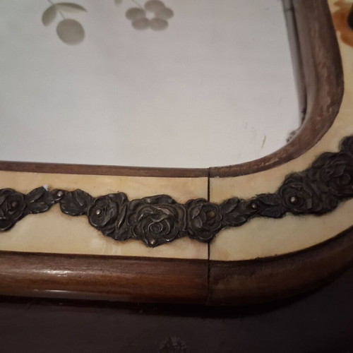 Serving tray used, wood and mirror with metal and mother-of-pearl details