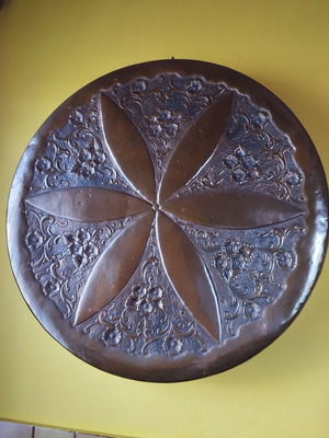 Carved decorative tray like new with hanger and copper plating