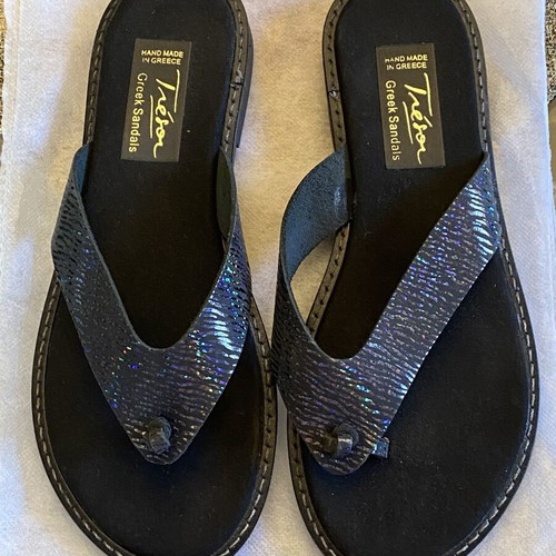 Tresor Greek Sandals leather flip-flops new, black and blue