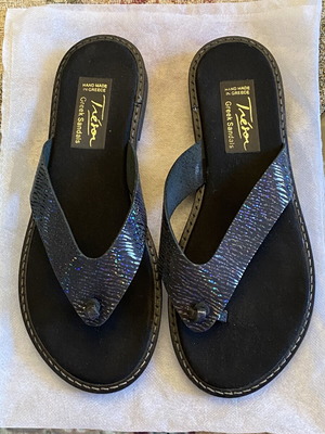 Tresor Greek Sandals leather flip-flops new, black and blue