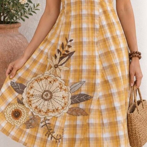 Derhy vintage dress with embroidery new, size M, brown and yellow