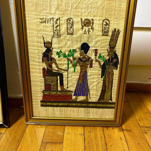 Set of framed real papyrus pictures with bronze or copper statue and marble lamp