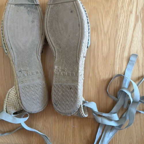 Manebi espadrilles used, silver with rope sole and ankle straps, size 37