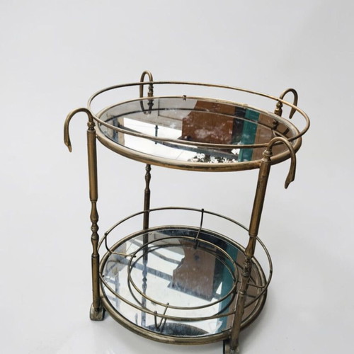 Vintage brass bar trolley with swan finials, used