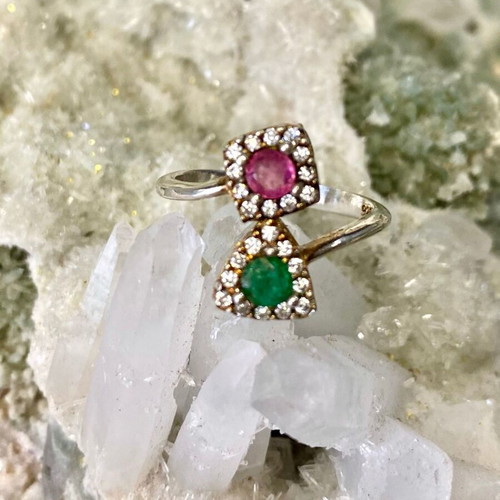 Handmade silver ring with natural pink tourmaline, emerald and moissanite