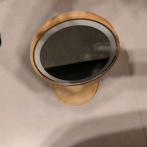 Table mirror with wooden frame and rechargeable lighting