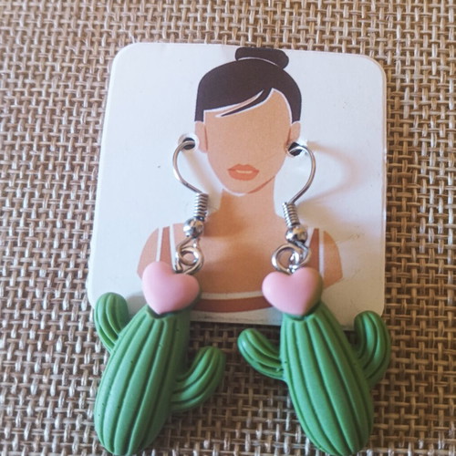 Handmade cactus earrings with pink heart and stainless steel hooks
