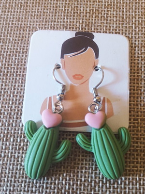 Handmade cactus earrings with pink heart and stainless steel hooks