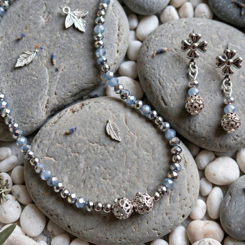 Handmade crystal beaded elegant jewelry set, new, gray and silver