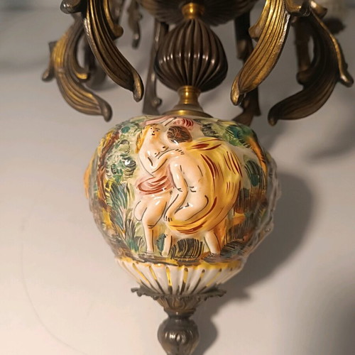 Antique 6-Light Chandelier like new with embossed colored designs