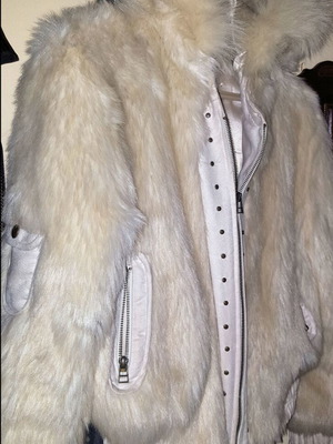 Casual synthetic sugar-colored fur jacket with hood like new, size M-L