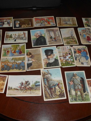 Belgian chocolate folkloric, historical, prewar and color postcards used, pack of 30