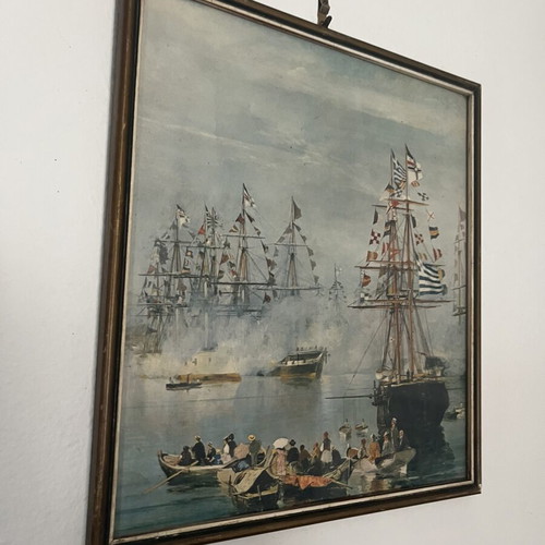 Vintage ναυτικός πίνακας με ελληνική σημαία, ιστιοφόρα και λιμάνι, 30 εκ