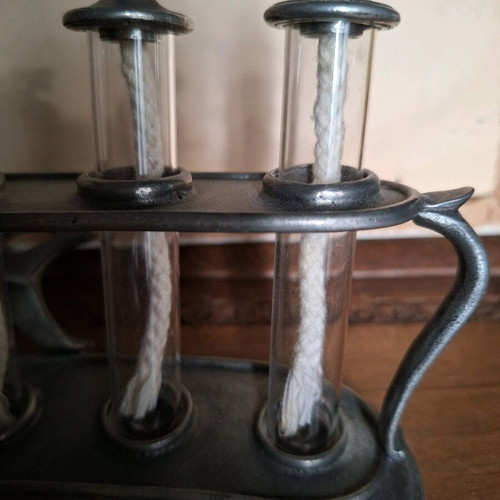 Decorative candle holder used, tin with 5 glass wick holders