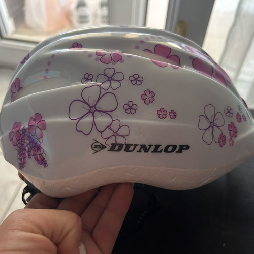 Dunlop Kids Bicycle Helmet Like New, White with Pink Flowers, Size 48-52 cm