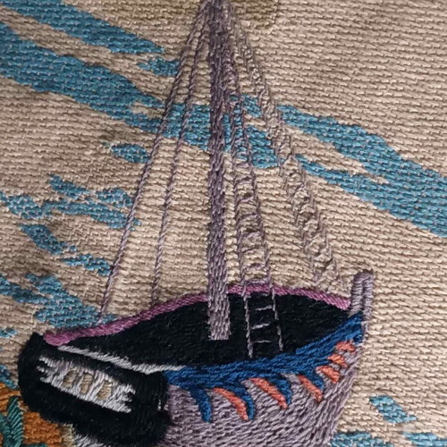 Old embroidery with flat stitch for framing used