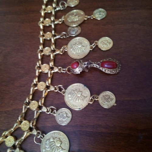 Bronze long multipurpose belt necklace with jasper and Elizabeth profile coins used, repaired