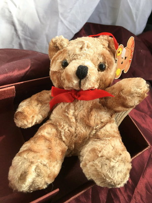 Paul Hamburg vintage teddy bear, small plush with red ribbon