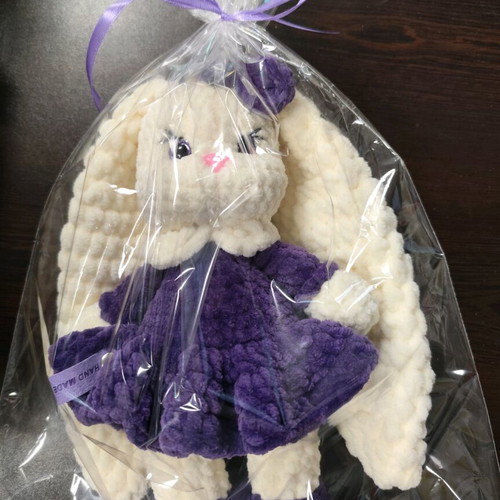 Handmade plush bunny 27 cm new with purple dress