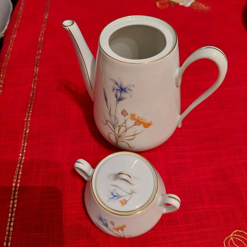 Bohemian porcelain teapot and sugar bowl like new, white with gold trim and floral design