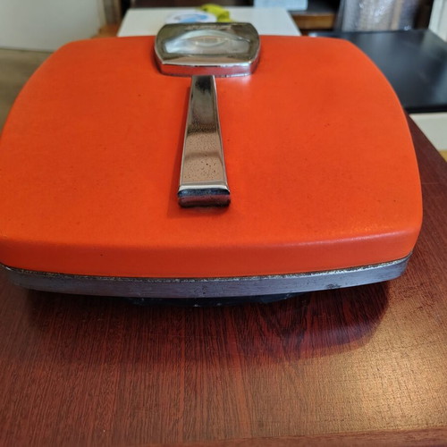 Vintage home scale with leather and inox details, 60s-70s