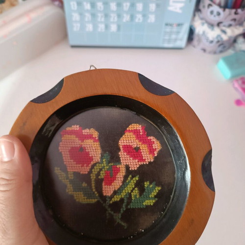 Vintage handmade embroidery cross-stitch with wooden frame, 14 cm, used
