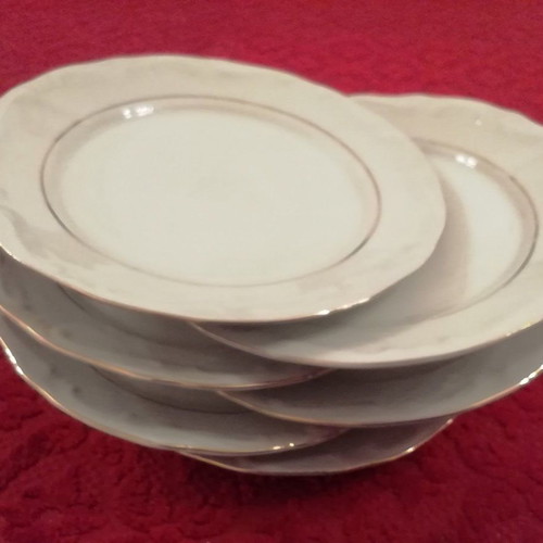 Porcelain cake plates new, set of 6 with embossed design and gold