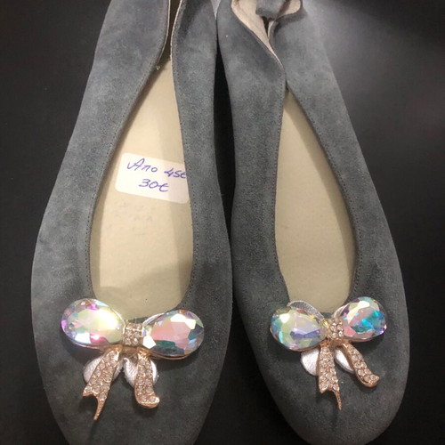 Women's ballerina shoes new, gray, genuine suede leather, size 41, handmade with crystal bow