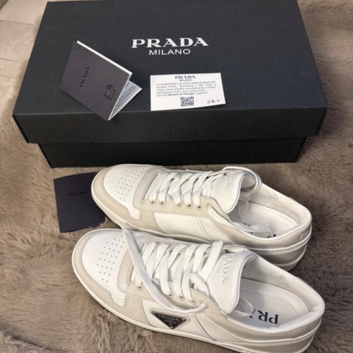 Prada Downtown Leather Sneakers Size 39.5 EU Like New Beige White