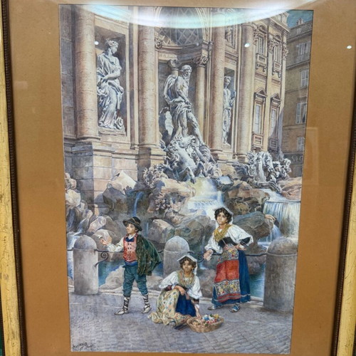 Υδατογραφία Ettore Ascenzi μεταχειρισμένη με θέμα Fontana Di Trevi σε ιταλική κορνίζα