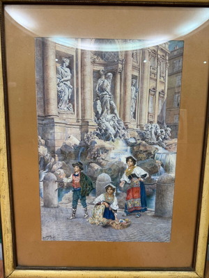 Υδατογραφία Ettore Ascenzi μεταχειρισμένη με θέμα Fontana Di Trevi σε ιταλική κορνίζα