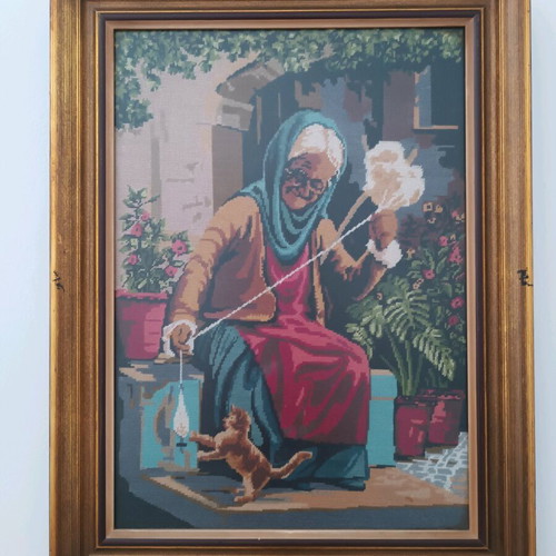 Handmade Gobelin embroidery "Grandma with the Spindle" used 60x75