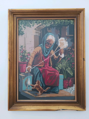 Handmade Gobelin embroidery "Grandma with the Spindle" used 60x75