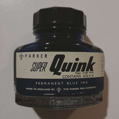 Permanent blue ink "PARKER - SUPER QUINK", in a glass bottle in its box, I think it is full.