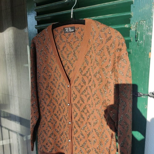 Vintage wool cardigan sweater used, brown with gold thread
