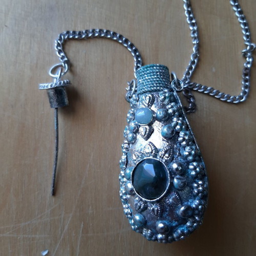 Vintage perfume bottle necklace used with filigree and semiprecious stones