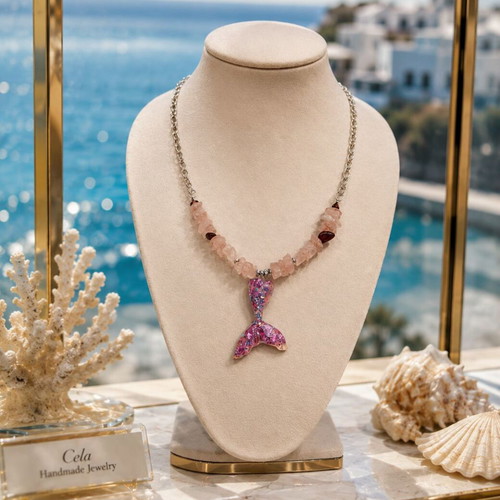 Handmade Necklace with pink quartz, hematite, shell, stainless steel silver chain, mermaid tail