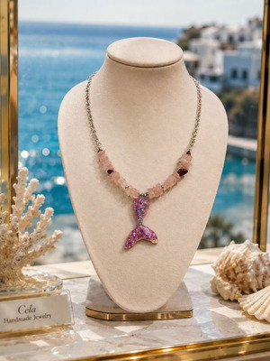 Handmade Necklace with pink quartz, hematite, shell, stainless steel silver chain, mermaid tail