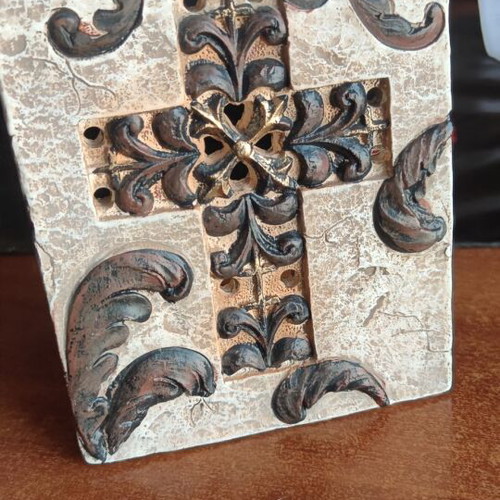 Decorative table candle holder with embossed cross, like new