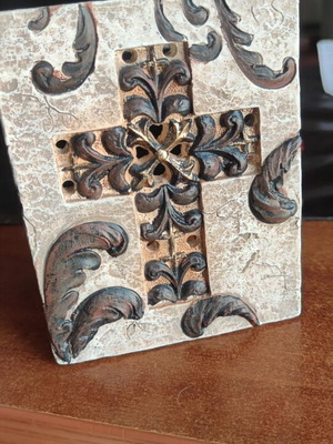 Decorative table candle holder with embossed cross, like new