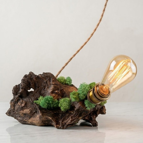Table lamp unique handmade with oak root and Scandinavian moss
