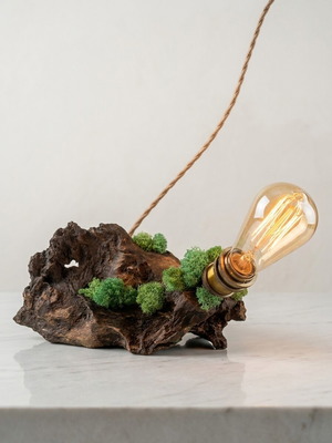 Table lamp unique handmade with oak root and Scandinavian moss