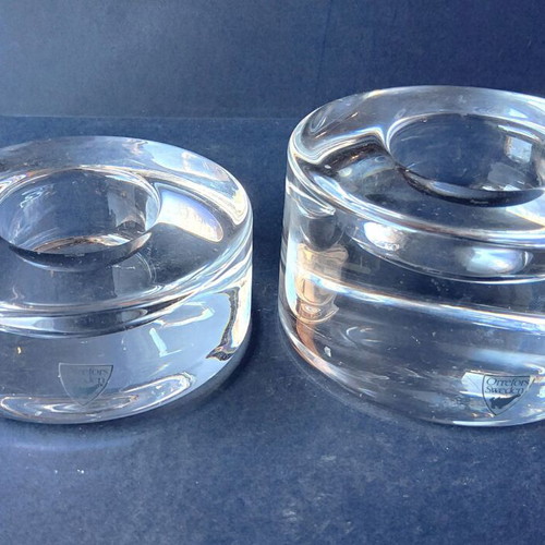 Orrefors Puck Crystal Candle Holders Set like new, Swedish design