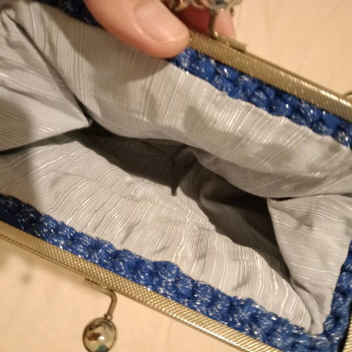 Knitted hand bag new, blue with silver chain A To Z Greek