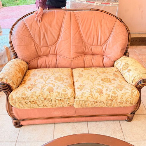 Living room set 5 pieces leather and fabric refurbished, Palazzo Athens